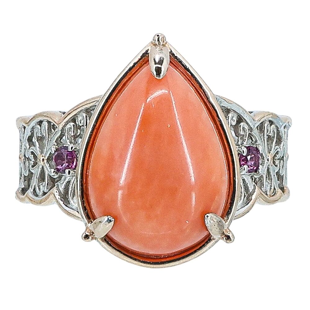 Gems en Vogue Sterling Silver & Coral Filigree Ring Size 6